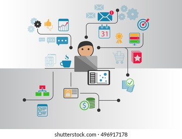Digital home office concept as vector illustration. Cartoon person in front of notebook working from home through internet
