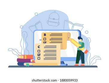 Digital homework concept. a man doing a checklist. E-learning banner, distance education, internet classes, home schooling, online exam,Questionnaire,web learning. vector illustration for web banners