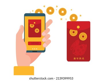 Digital hongbao online mobile transfer. Chinese angpao traditional gift in phone. Smartphone in hand sending money present to 2023 CHY. Isolated Vector flat illustration. Translation - happy new year,