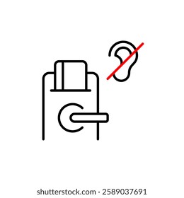 Digital hotel door lock and ear crossed out. Privacy protection, no eavesdropping. Quiet mode. Voice commands disabled. Pixel perfect, editable stroke vector icon
