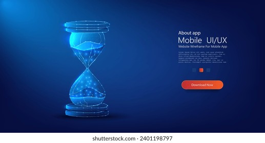 Digital Hourglass Concept with Luminous Sand - Time Management in Technology Era Illustration. Low poly wireframe sandglass looks like constellation on dark blue background. Vector