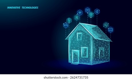 Digital house illustration with floating icons. Features interconnected network structure, windows, and door. Real estate smart home systems. Low poly art style with dark blue gradient background