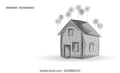 Digital house illustration with floating icons. Features interconnected network structure, windows, and door. Real estate smart home systems. Low poly art style with white gradient background