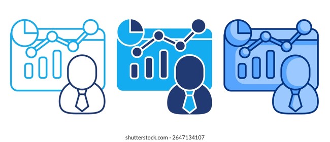 Digital HR dashboard icon represented by graphic chart, human avatar Blue, Dualline, Dualtone style.