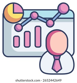 Icono de tablero de HR digital representado por gráfico gráfico, avatar humano estilo de color lineal.