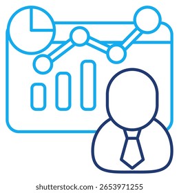 Ícone de painel de RH digital representado pelo gráfico, avatar humano Dual Line estilo.
