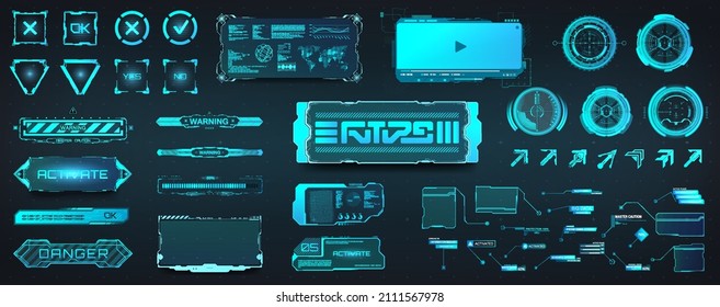 Envase Digital HUD para proyectos de interfaz de usuario futurista, UX, GUI. Interfaz de usuario futurista con títulos de llamadas de ciencia ficción, objetivo, marco digital, llamada de información, etiquetas de barras al estilo HUD. Información de plantillas de código. conjunto de UI