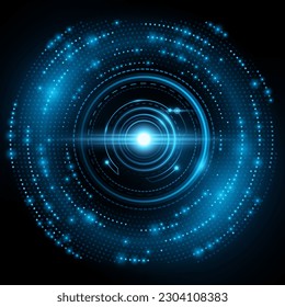 Círculo digital HUD con partículas brillantes azules. Gran visualización de datos en el ciberespacio. Concepto de red neural para su diseño. Ilustración vectorial. EPS 10.