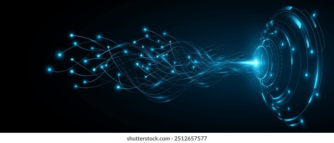 Digitaler HUD-Kreis mit leuchtenden neuronalen Anschlüssen in den Cyberspace. Neuronales Netzwerk studiert Informationen im Webspace. Visualisierung von Big-Data-KI. Vektorgrafik. EPS 10.