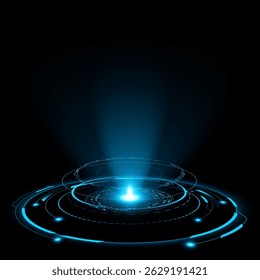 Digital HUD circle with holographic beam on black background for technology concept. Futuristic sci-fi ring. Tech element for UI and GUI design. Vector illustration