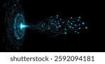Digital HUD circles with glowing neural connectors of wires into dark cyberspace. Neural network studies information. Big data AI visualization background. Vector illustration. EPS 10