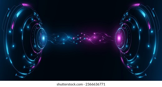 Digital HUD circles with glowing neural connectors into cyberspace. Futuristic sci-fi elements with cyber circuit board. Big data concept. Vector illustration. EPS 10.