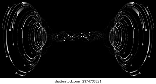 Digital HUD circles with glowing neural connectors into cyberspace. Futuristic sci-fi elements with cyber circuit board. Big data concept. Vector illustration. EPS 10.