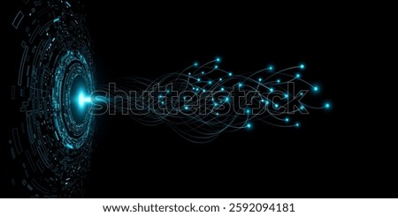 Digital HUD circles with glowing neural connectors of wires into dark cyberspace. Neural network studies information. Big data AI visualization background. Vector illustration. EPS 10
