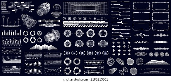 Digital HUD collection for UI, UX, GUI projects. Hi-tech futuristic user elements - circle, charts, frames, audio waves, arrows, callouts titles graphic set. HUD, UI, VR. Vector elements collection - Shutterstock ID 2198213801