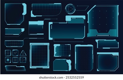 Digital hud frames. Futuristic user interface digital panels and buttons, cyber tech callout bar and Sci Fi titles box. Game menu or dashboard message window frame vector set.