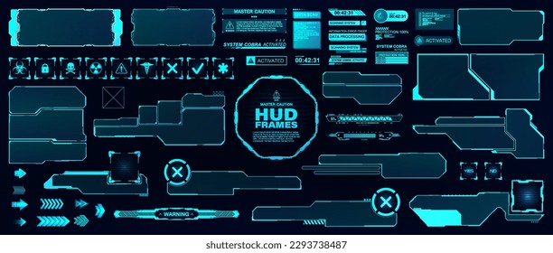 Digital HUD, UI frames. Futuristic user interface - borders, button, loading bar, arrows, Callouts, info bars. HUD, UI, GUI futuristic screen frames for text. Game borders, info bars, elements. Vector