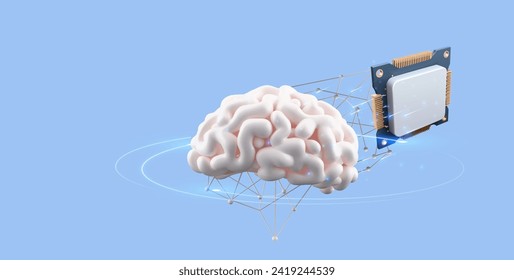 Digital human brain interfaced with a wireless chip Neuralink, representing the fusion of biotechnology and cybernetics. Futuristic Brain with Integrated Wireless Chip Technology Concept. Vector