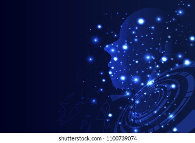 Digital human creativity, artificial intelligence triangle particles scatter on blue technology abstract background vector illustration