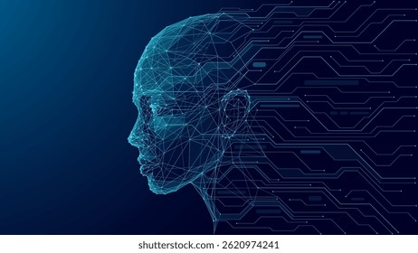 A digital human face consists of connected dots, thin lines, and triangles. The silhouette of a cyborg flows into the wires of circuit in low poly blue. AI concept. Artificial Intelligence background