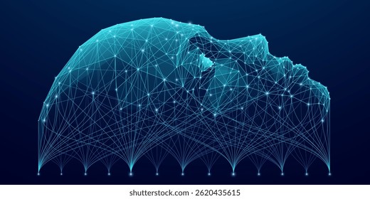 Digital human face made of lines and nodes. Big data flows across the AI head, symbolizing modern technology, neural processing, and intelligent data communication. Tech background vector illustration
