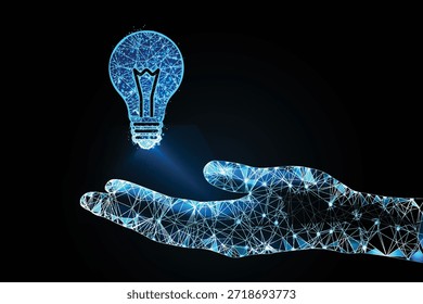 Mano humana digital que sostiene la bombilla, innovación y concepto de Tecnología de la IA
