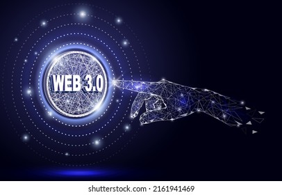 Digital human human hand reaching web 3.0 button abstract vector background. Internet of things, futuristic technology, web programming, blockchain and nft token world