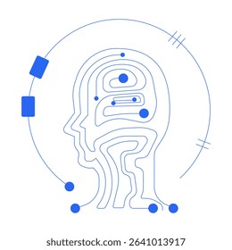 Digital human head circuit line onboarding ui illustration. Artificial intelligence. Machine learning. Neural network technology outline blue 2D concept isolated. Monochrome metaphor vector art
