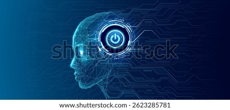 Digital human head with circuit on power button element into a head. Abstract AI robot with HUD bright neon light element as Power On button. Technology futuristic background. Vector illustration.