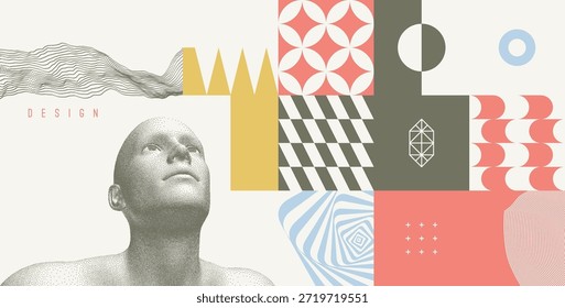 Cabeça humana digital. Padrão geométrico. Mosaico. Big data. Modelo de design de capa. Vetor para apresentação, cartaz, faixa, cartaz, brochura ou bloco de anotações.