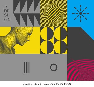 Cabeça humana digital. Padrão geométrico. Mosaico. Modelo de design de capa. Vetor para apresentação comercial, cartaz, banner, cartaz, brochura ou notebook.