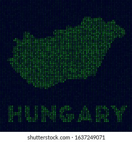 Digital Hungary logo. Country symbol in hacker style. Binary code map of Hungary with country name. Classy vector illustration.