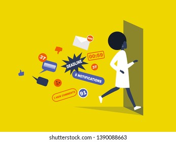 Digital hygiene. Stress. Black female Character running away from the pop up notifications through the doorway. Modern lifestyle. Overwhelming flow of information. Flat editable vector illustration