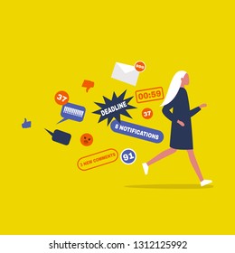 Digital hygiene. Stress. Female Character running away from the pop up notifications. Modern lifestyle. Overwhelming flow of information. Flat editable vector illustration, clip art