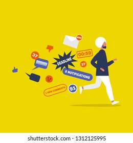 Digital hygiene. Stress. Indian male Character running away from the pop up notifications. Modern lifestyle. Overwhelming flow of information. Flat editable vector illustration, clip art