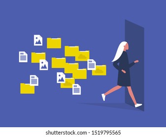 Digital hygiene. Stress. Young female character running away from the folders and computer files. Modern lifestyle. Overwhelming flow of work. Flat editable vector illustration, clip art