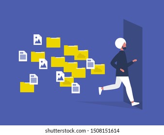 Digital hygiene. Stress. Young indian male character running away from the folders and computer files. Modern lifestyle. Overwhelming flow of work. Flat editable vector illustration, clip art