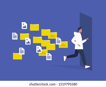 Digital hygiene. Stress. Young male character running away from the folders and computer files. Modern lifestyle. Overwhelming flow of work. Flat editable vector illustration, clip art