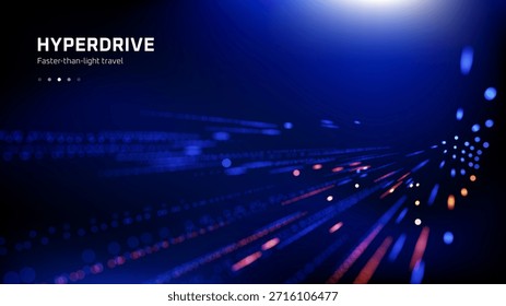 Ilustração conceitual de hiperdrive digital com linhas e pontos brilhantes em um plano de fundo azul-escuro para viagens mais rápidas que a luz.
