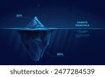 Digital iceberg with infographic. Pareto principle concept. Ice mountain peak in the cold ocean. Abstract technology background. Underwater iceberg. 3D polygonal wireframe vector illustration.  