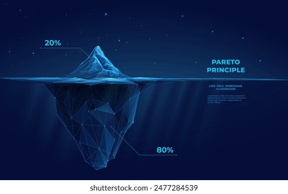 Digital iceberg with infographic. Pareto principle concept. Ice mountain peak in the cold ocean. Abstract technology background. Underwater iceberg. 3D polygonal wireframe vector illustration.  