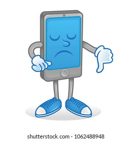 Digital Icon angry smartphone tablet gadget smart phone show thumb down. blem with phone need help repair service. Modern vector illustration flat design cartoon character technology.