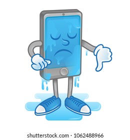 Digital Icon angry smartphone tablet gadget get wet in water show thumb down. Problem with phone need help clean repair service. Modern vector illustration flat design cartoon character technology.