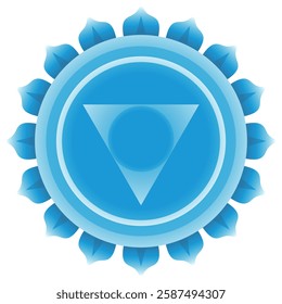 Digital icon of a blue downward arrow within a circular, sun-like design on a black background.