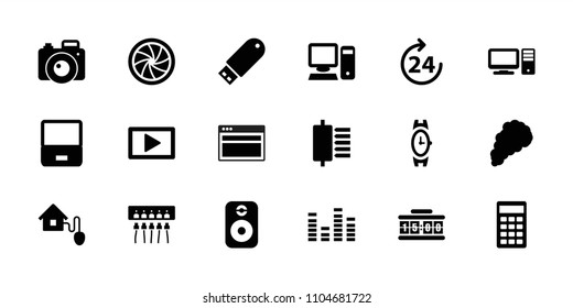 Digital icon. collection of 18 digital filled icons such as 24 hours, wrist watch, laptop, equalizer, flash drive, spu, calculator. editable digital icons for web and mobile.