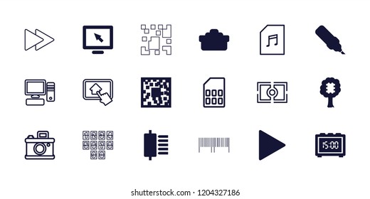 Digital icon. collection of 18 digital filled and outline icons such as qr code, display, pen, spu, camera lense, cpu in tree. editable digital icons for web and mobile.