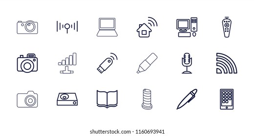 Digital icon. collection of 18 digital outline icons such as book, home connection, remote control, dvd player, microphone, signal. editable digital icons for web and mobile.