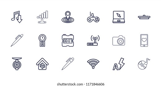 Digital icon. collection of 18 digital outline icons such as joystick, map location, download music, laptop, camera lense. editable digital icons for web and mobile.