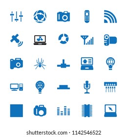 Digital icon. collection of 25 digital filled icons such as camera, laptop, equalizer, microphone, network connection. editable digital icons for web and mobile.