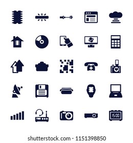 Digital icon. collection of 25 digital filled icons such as calculator, laptop, browser, diskette, camera lense, camera, hot dog. editable digital icons for web and mobile.